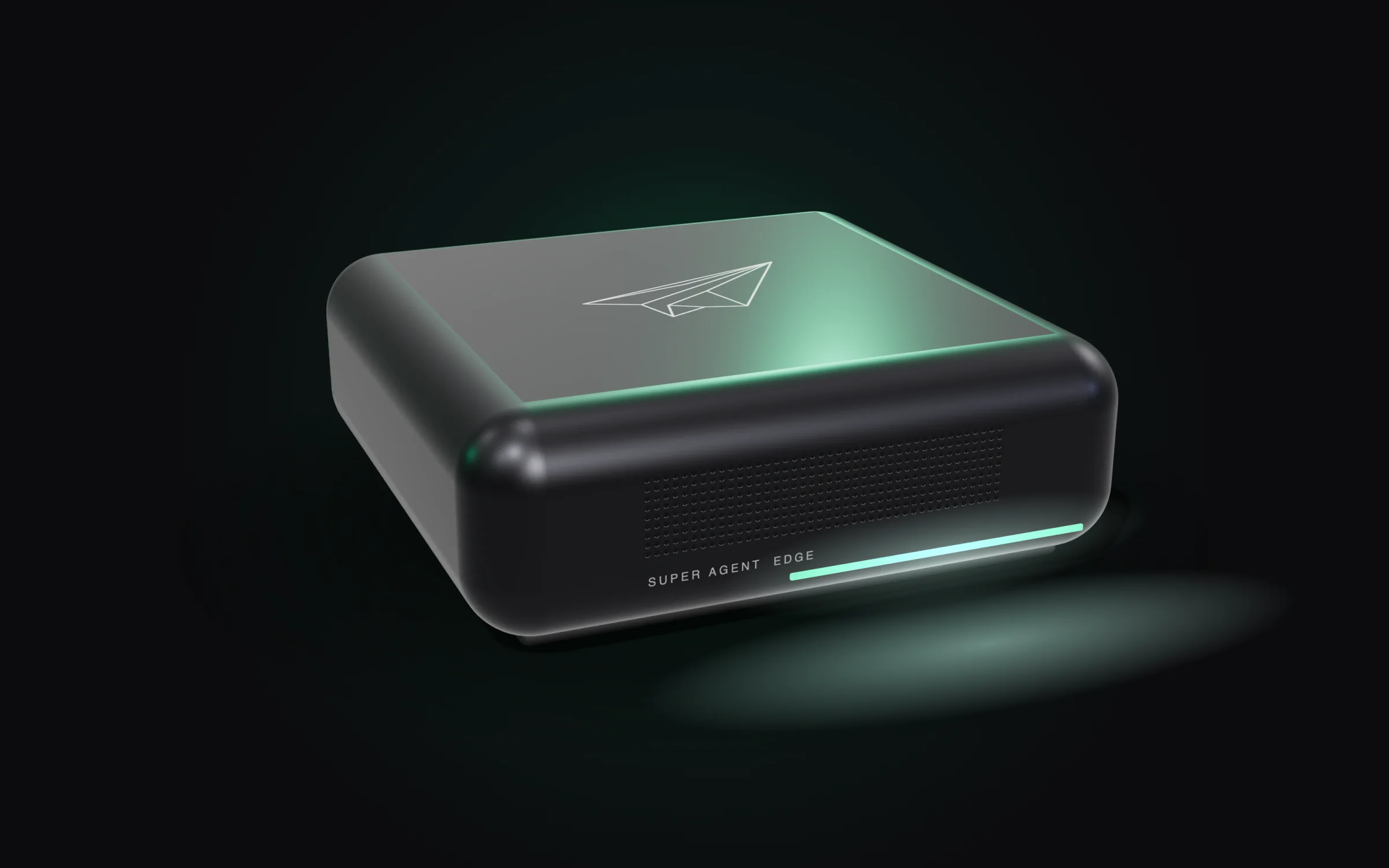 Super Agent Edge: a compact graphite box with the paper-plane mark on top and a green status light on the front.