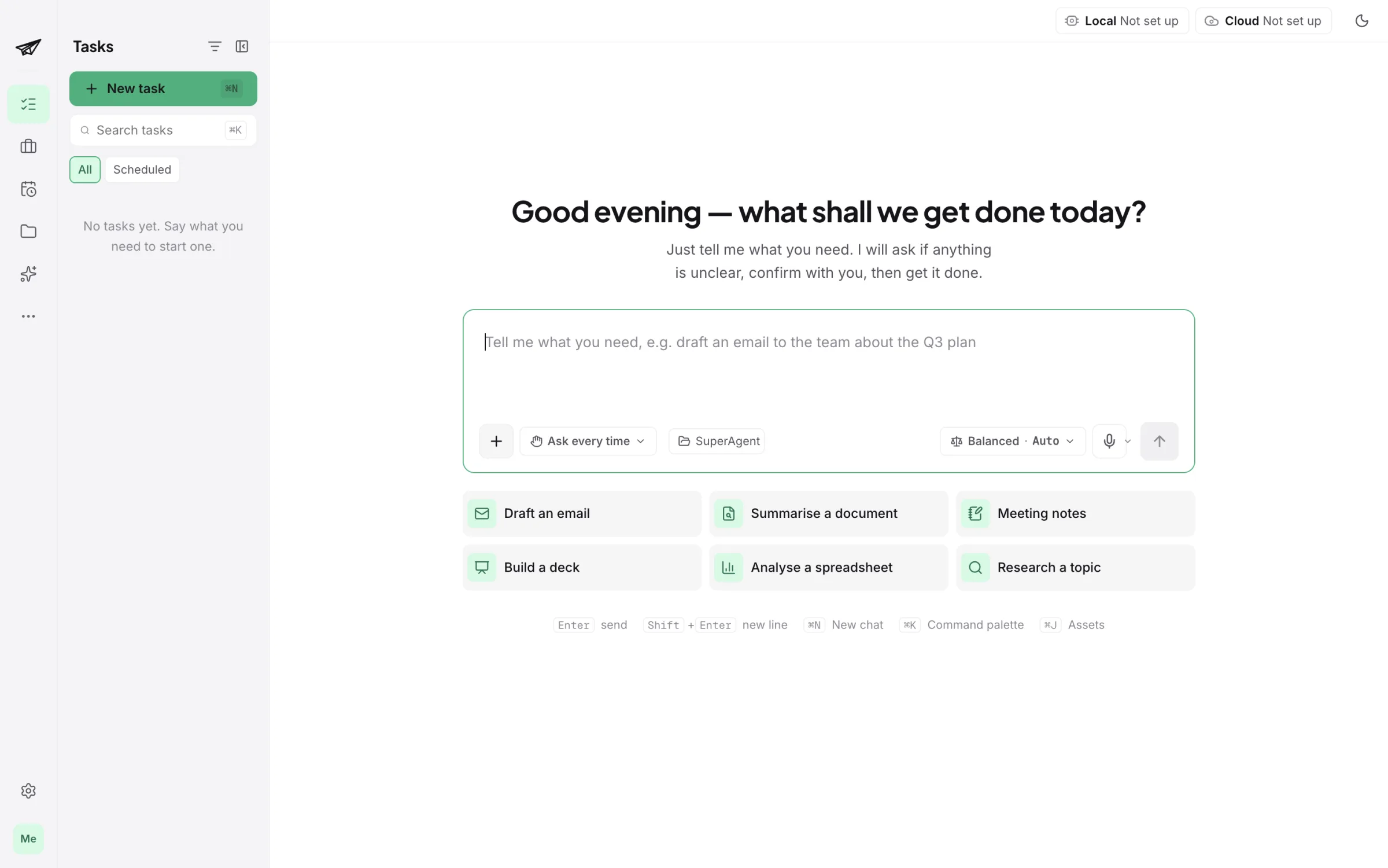 Super Agent home screen: the greeting “what shall we get done today?”, one input box, and starters such as Draft an email, Build a deck and Analyse a spreadsheet.