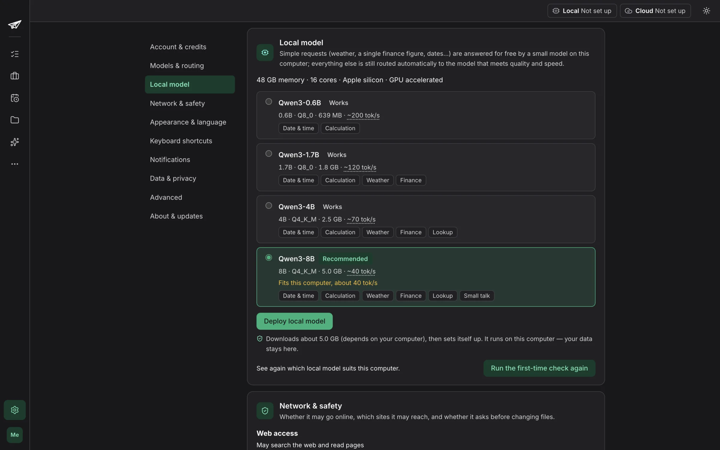 Settings, Local model, in dark mode: the same model list with Qwen3-8B recommended.
